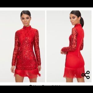 Red sequin tassel hem dress